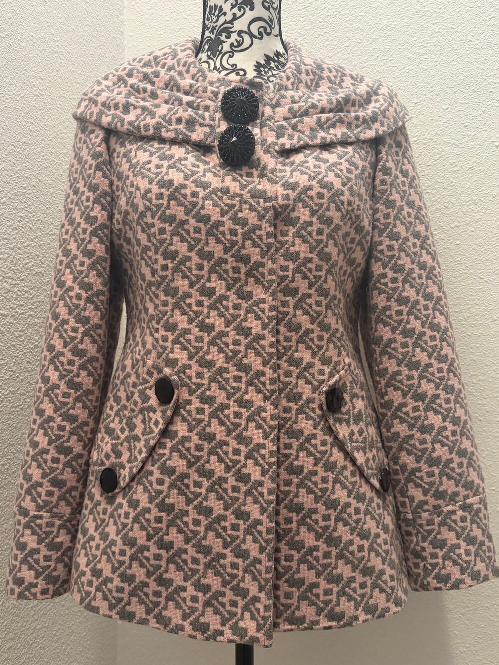 XL Pink Gray Wool Blend Geometric Mod Coat Oversized Collar Retro